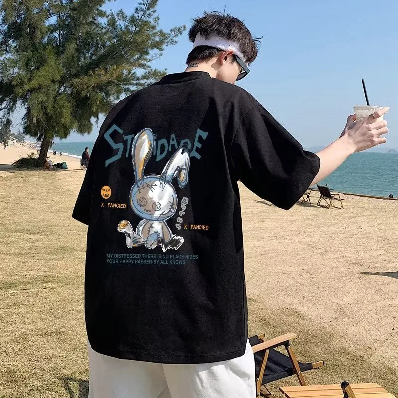 8XL hombres de gran tamaño moda coreana suelta americana marioneta de amor estampado de conejo manga corta cuello redondo versátil tendencia pareja traje - Imagen 2