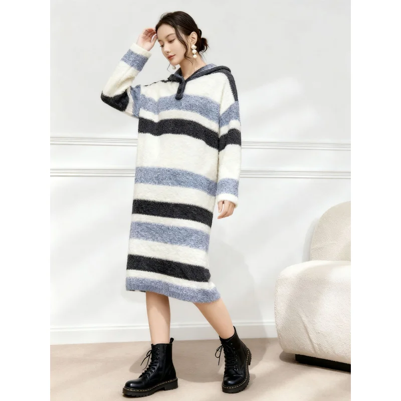 Vestido de Mujer Casual con Capucha y Rayas, Estilo Nuevo Primavera-Otoño 2026, Cálido y Holgado - Imagen 6