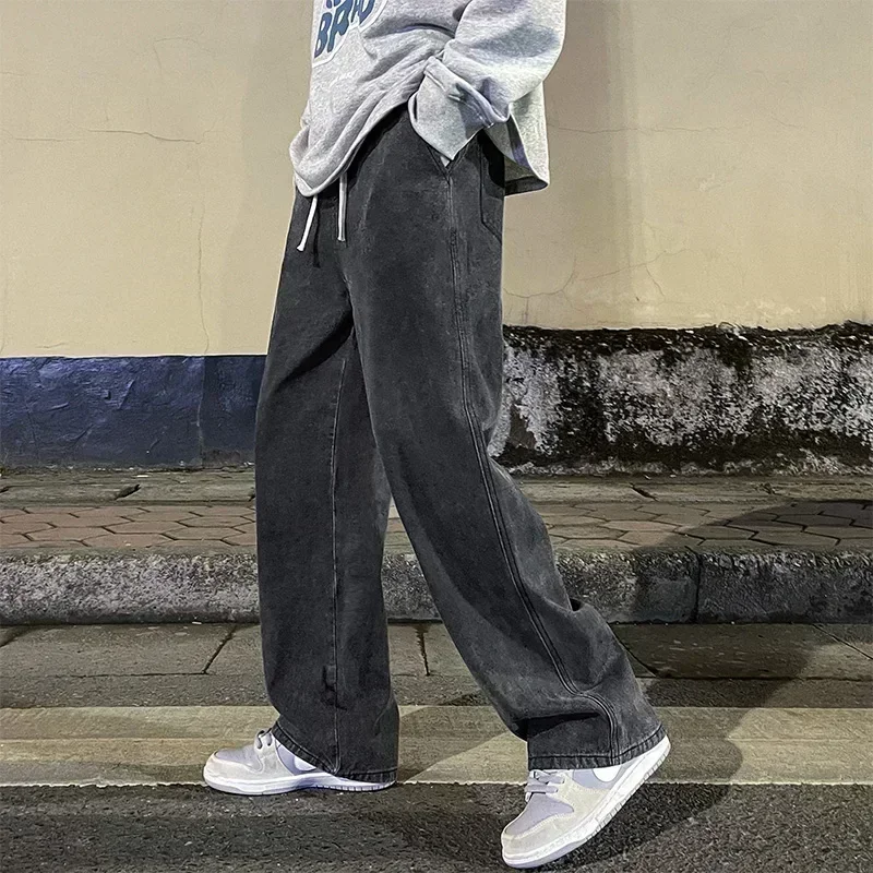 Ropa nueva de calle para hombre, pantalones vaqueros holgados de estilo coreano a la moda, pantalones de pierna ancha rectos holgados, ropa de marca para hombre, negro, azul claro, 2026 - Imagen 3