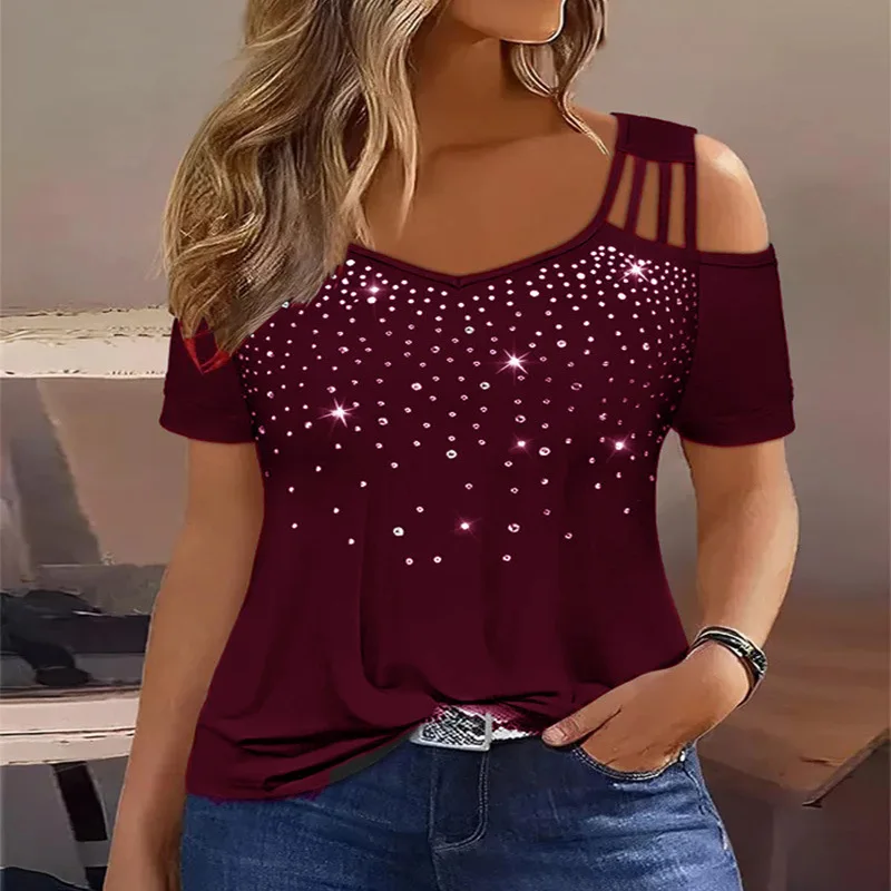 Camiseta de manga corta de talla grande con hombros descubiertos para mujer, top, novedad de 2024 - Imagen 2