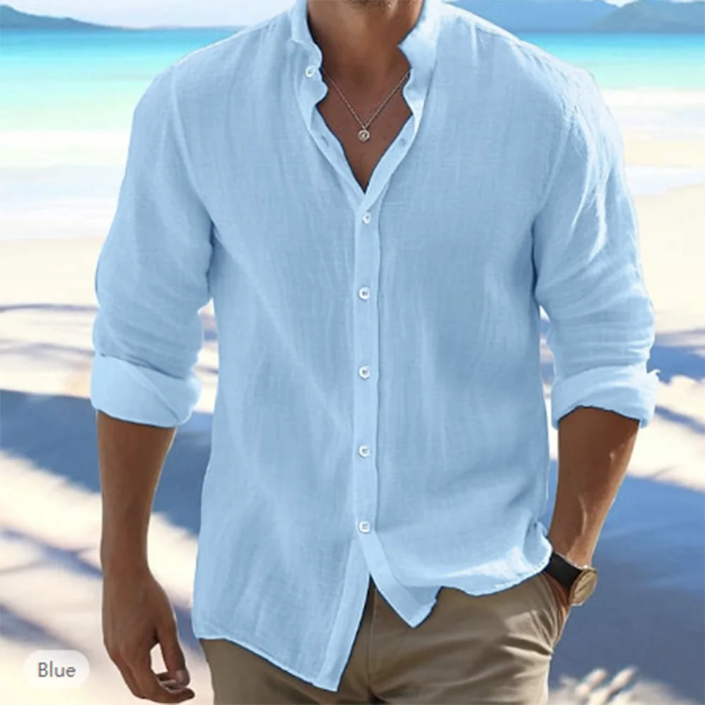 Camisas de manga larga para hombre, gran oferta de lino y algodón, Color sólido, cuello levantado, estilo informal de playa de talla grande, verano - Imagen 5