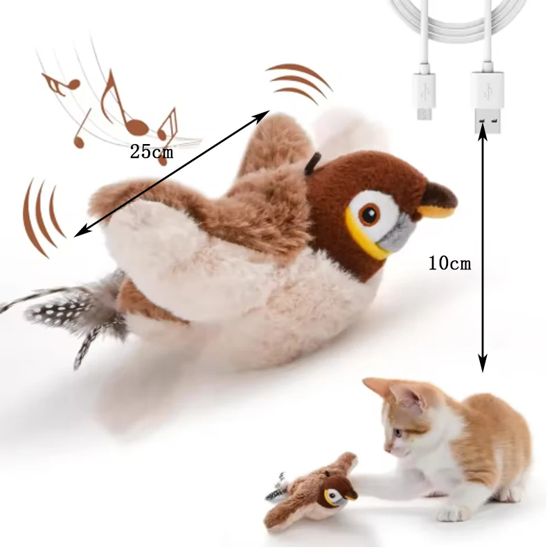 Juguete interactivo de pájaro de imitación para gato, juguetes interactivos para perros, pájaro batiente recargable (sin volar), juguete de peluche activado por tacto para mascotas - Imagen 6