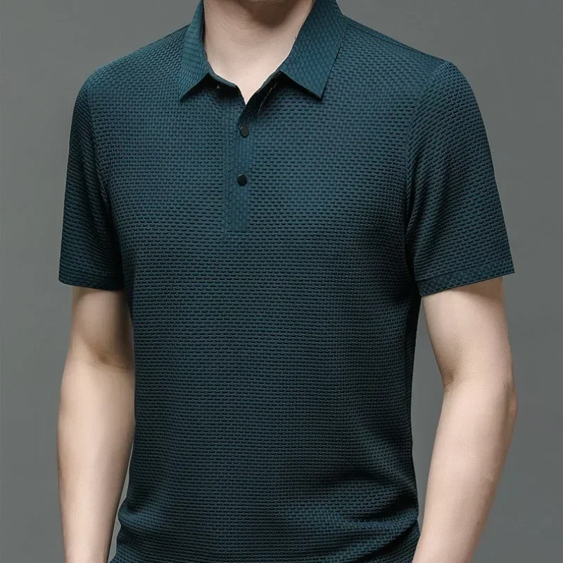 Camiseta informal de negocios que absorbe el sudor, ropa de marca superior, novedad de verano, camiseta de manga corta para hombre, POLO fresco y transpirable de seda helada - Imagen 4