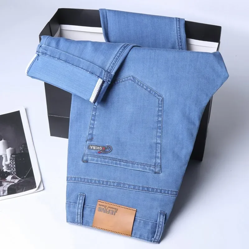 Nuevos pantalones vaqueros finos de seda de hielo para hombres, pantalones de algodón elásticos rectos azules, pantalones ligeros informales de negocios para primavera y verano - Imagen 5