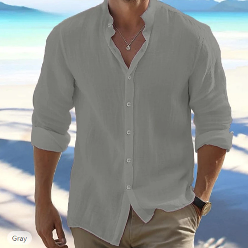 Camisas de manga larga para hombre, gran oferta de lino y algodón, Color sólido, cuello levantado, estilo informal de playa de talla grande, verano - Imagen 2