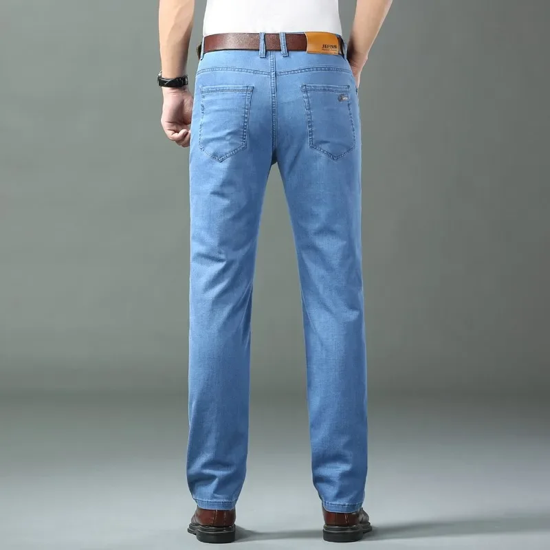 Nuevos pantalones vaqueros finos de seda de hielo para hombres, pantalones de algodón elásticos rectos azules, pantalones ligeros informales de negocios para primavera y verano - Imagen 3