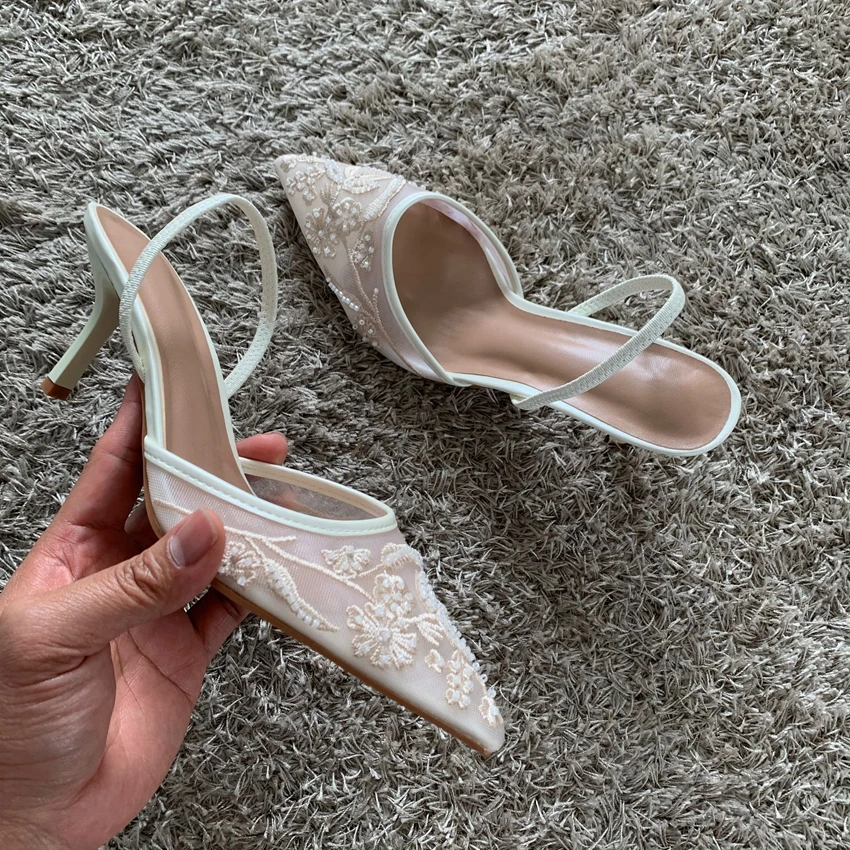 Sandalias De tacón alto finas bordadas De malla para Mujer, zapatos De tacón sexis con talón descubierto y punta estrecha, zapatos De vestir, Sandalias De Mujer 2025 - Imagen 4