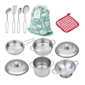 Juego de ollas y sartenes de acero inoxidable para niños, juego de cocina de simulación, Mini utensilios de cocina, juguetes de desarrollo