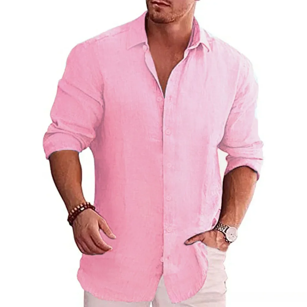 Camisa de manga larga de algodón y lino para hombre, superventas de otoño, Color sólido, estilo informal, camisa de lino informal de talla grande para hombre - Imagen 4