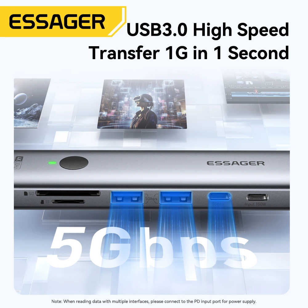 Essager USB C HUB 4K 7-en-1 tipo C a HDMI PD 100W SD y TF USB 3,0 5Gbps adaptador multipuerto para MacBook portátil iPad teléfono divisor - Imagen 2