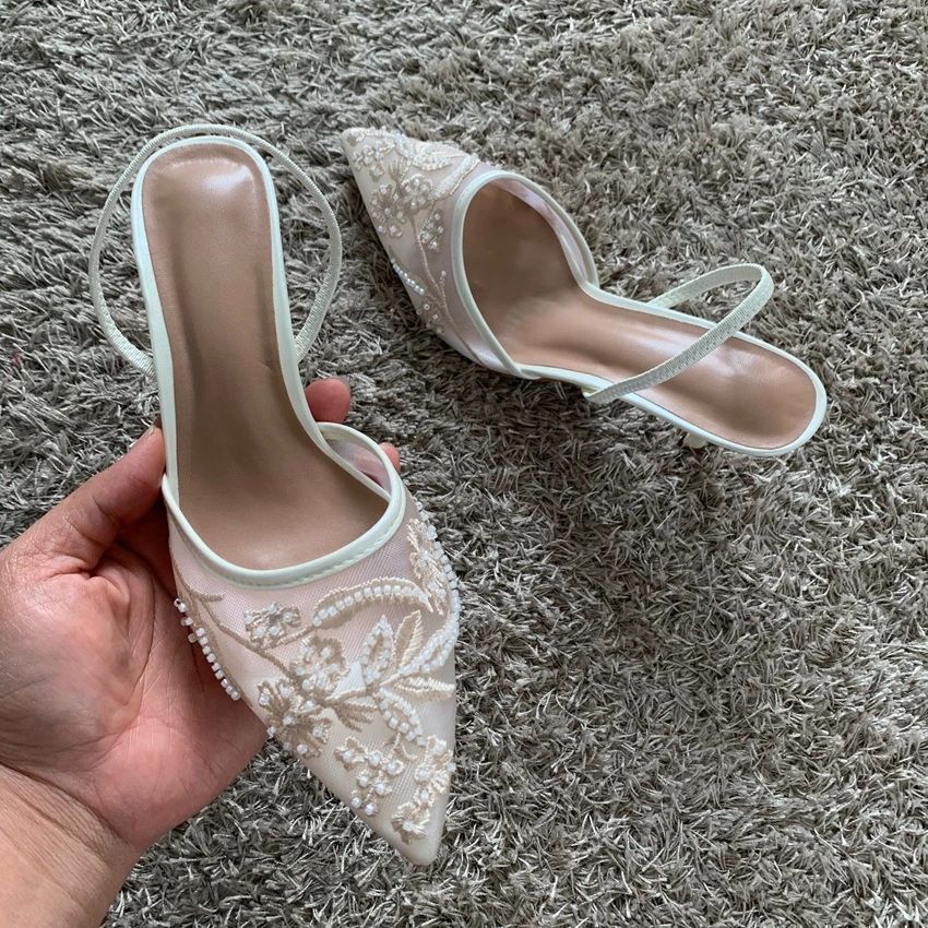 Sandalias De tacón alto finas bordadas De malla para Mujer, zapatos De tacón sexis con talón descubierto y punta estrecha, zapatos De vestir, Sandalias De Mujer 2025 - Imagen 5