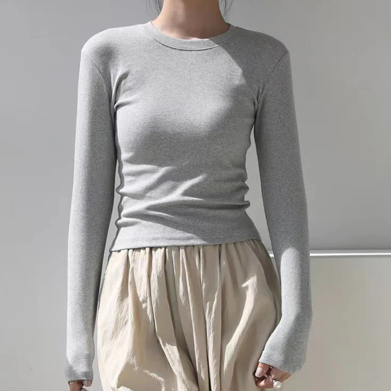 Camiseta de algodón con cuello redondo y manga larga para mujer, tops cortos sexys, otoño 2026, camisetas básicas ajustadas informales negras y blancas para mujer - Imagen 2