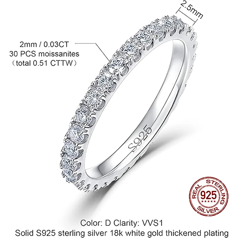 ALLNOEL-Anillo de boda de moissanita de 2mm, de plata de ley 925, Color D, VVS1, apilable, para mujer, joyería fina - Imagen 2