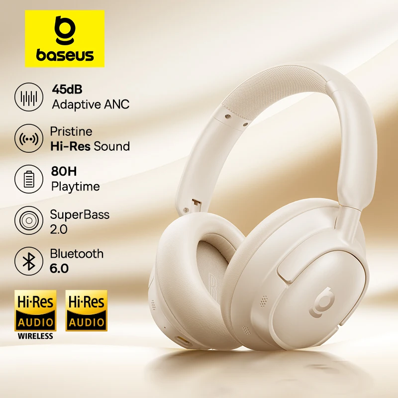 Auriculares Inalámbricos Baseus Bass EH10 NC con Bluetooth 6.0, Cancelación de Ruido de 45 dB, Auriculares Supraaurales con Audio Espacial, 80 Horas de Duración