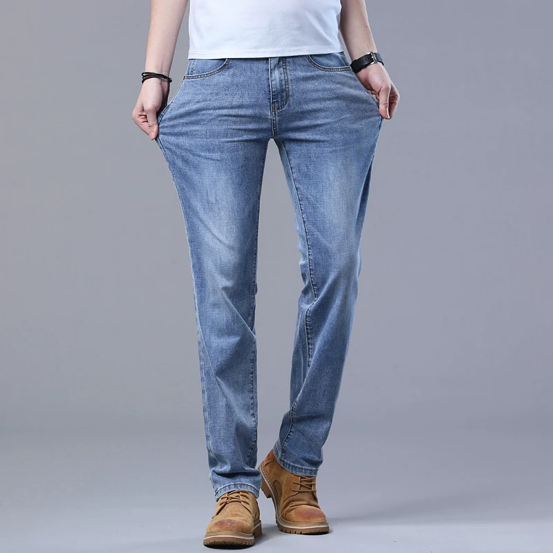 Pantalones vaqueros ajustados azul claro de primavera para hombre, pantalones vaqueros de tela elástica informales con estilo, pantalones clásicos gris humo - Imagen 3