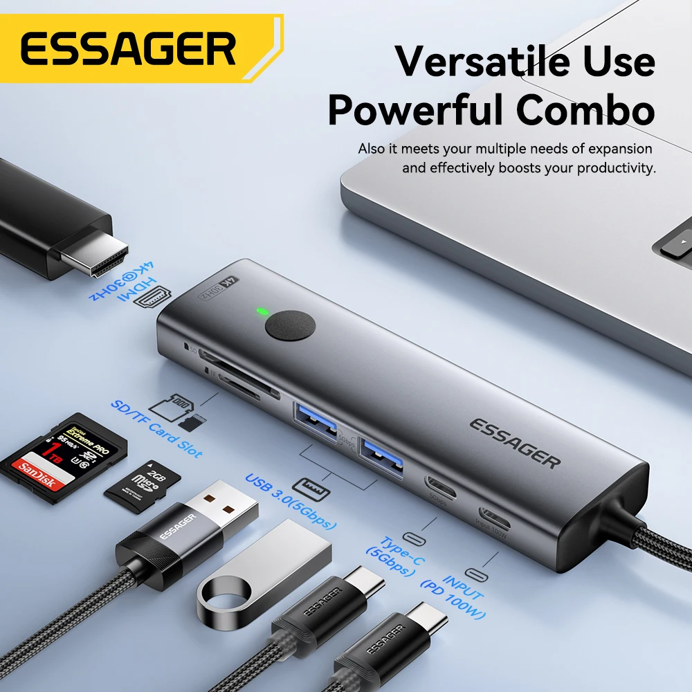 Essager USB C HUB 4K 7-en-1 tipo C a HDMI PD 100W SD y TF USB 3,0 5Gbps adaptador multipuerto para MacBook portátil iPad teléfono divisor