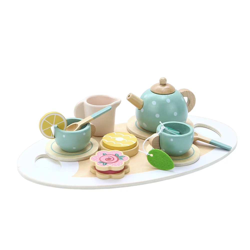 Juego de té de la tarde de simulación de madera para niños, juguete para juego de imitación, juego de rol de aprendizaje de comida, juguetes educativos para edades tempranas para niños pequeños G - Imagen 3