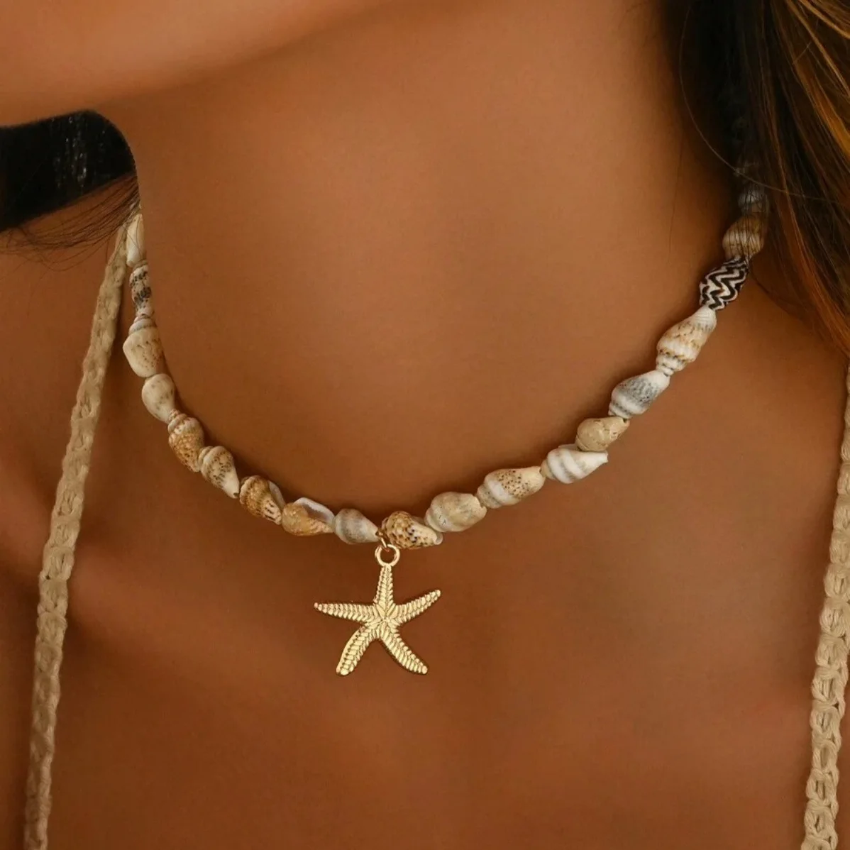 Collar bohemio de cuentas de concha de playa para mujer, Gargantilla con colgante de estrella de mar de estilo océano de verano, joyería para fiesta de vacaciones
