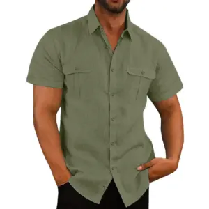 Camisas de Lino para Hombre, Oferta, Camisas de Manga Corta para Hombre, Color Sólido, Cuello Cómodo, Estilo Casual de Playa, Tallas Grandes, Camisas Masculinas M-4XL