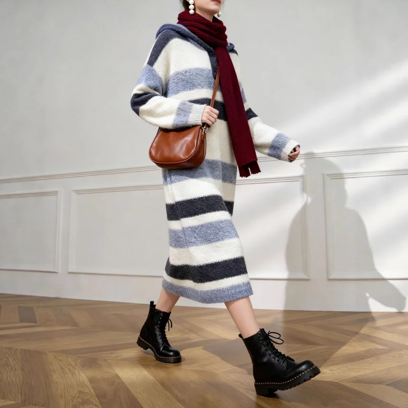 Vestido de Mujer Casual con Capucha y Rayas, Estilo Nuevo Primavera-Otoño 2026, Cálido y Holgado - Imagen 4