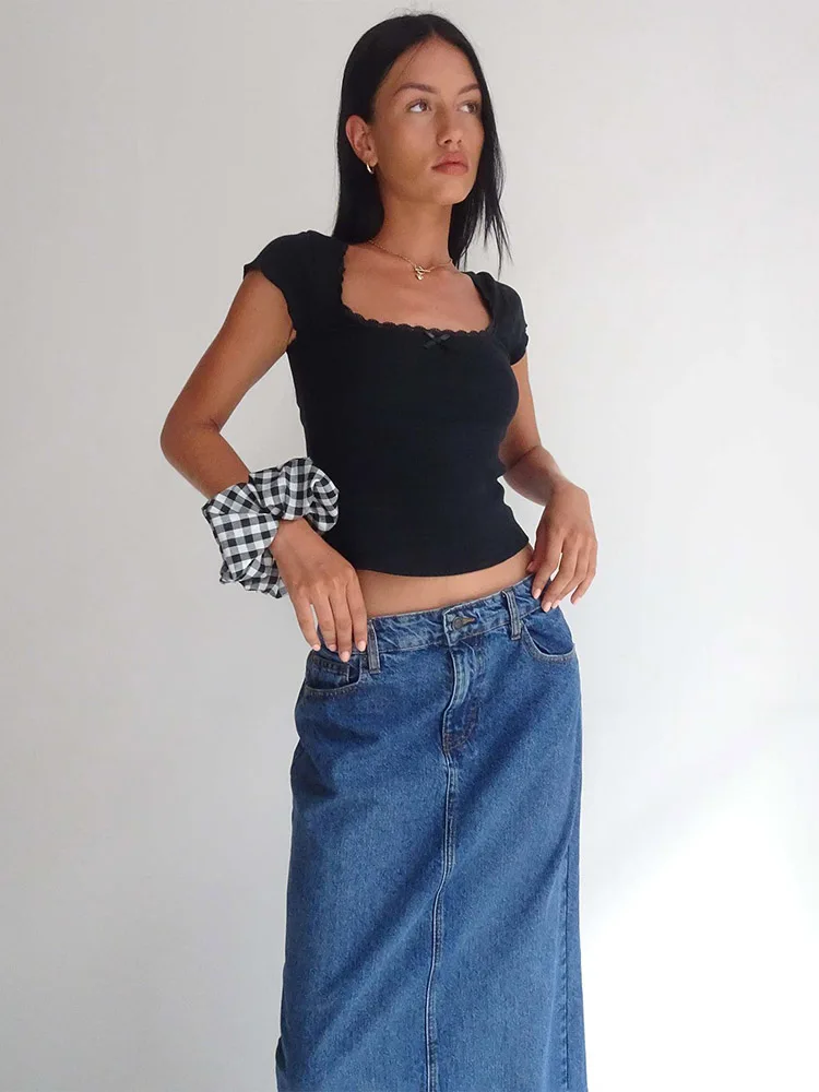 Camiseta Vintage y2k para bebé, camiseta de punto con ribete de encaje de cabaña, camiseta de manga corta con cuello cuadrado de verano para mujer, Top corto blanco de la lechera - Imagen 2