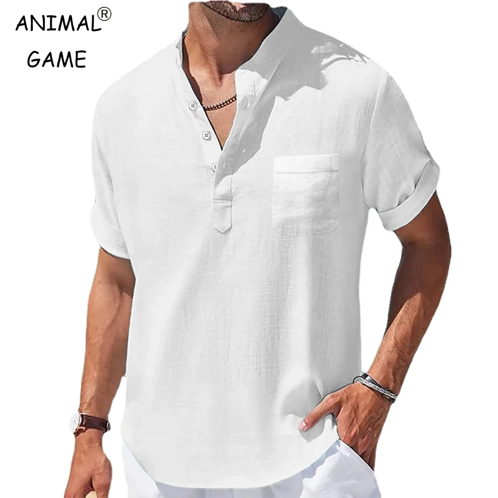 Nueva camisa informal de lino de manga corta de Color sólido con cuello levantado para hombre, Top básico holgado y transpirable a la moda con bolsillo para jóvenes