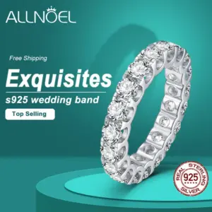 ALLNOEL-Anillo de boda de moissanita de 2mm, de plata de ley 925, Color D, VVS1, apilable, para mujer, joyería fina