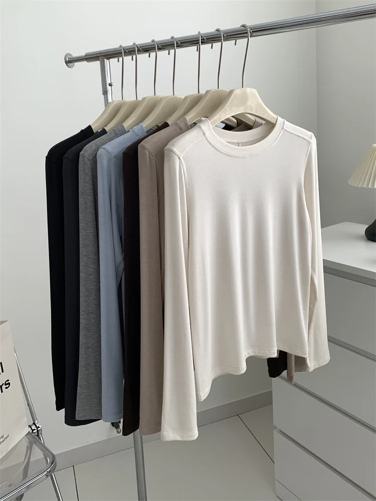 Camiseta de manga larga con empalme de lana de seda para mujer, Top fino suave y ceroso con respaldo de Color sólido para primavera y verano - Imagen 3