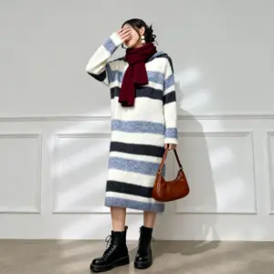 Vestido de Mujer Casual con Capucha y Rayas, Estilo Nuevo Primavera-Otoño 2026, Cálido y Holgado