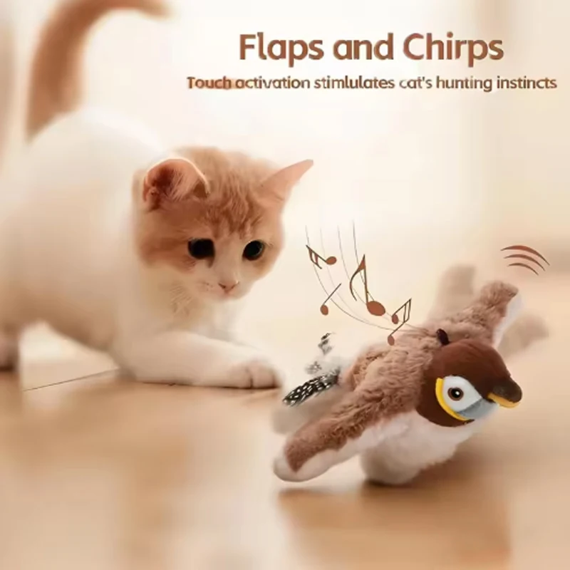 Juguete interactivo de pájaro de imitación para gato, juguetes interactivos para perros, pájaro batiente recargable (sin volar), juguete de peluche activado por tacto para mascotas