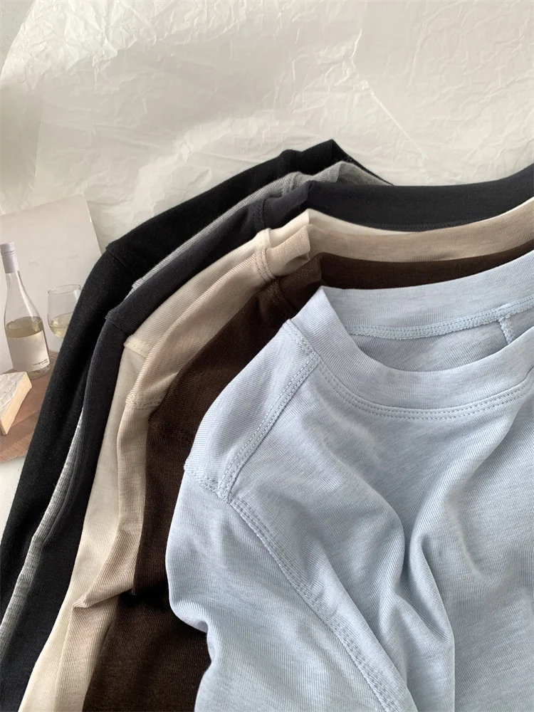 Camiseta de manga larga con empalme de lana de seda para mujer, Top fino suave y ceroso con respaldo de Color sólido para primavera y verano - Imagen 4
