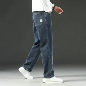 Pantalones vaqueros elásticos de cintura alta para hombre, Jeans clásicos de negocios informales para oficina, a la moda, color azul marino, otoño e invierno, nuevos