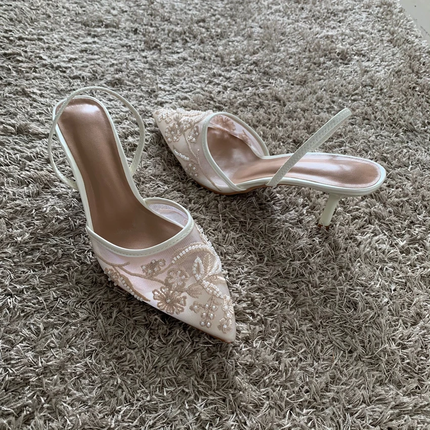 Sandalias De tacón alto finas bordadas De malla para Mujer, zapatos De tacón sexis con talón descubierto y punta estrecha, zapatos De vestir, Sandalias De Mujer 2025 - Imagen 3