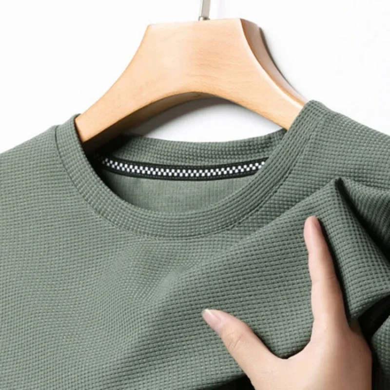 Nueva camiseta de manga corta con cuello redondo y gofres de verano para hombre, Top de manga corta - Imagen 2