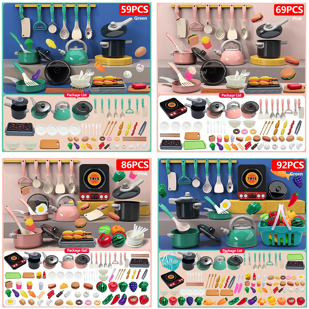 Juego de juguetes de cocina para niños, Kit de accesorios de cocina con ollas, comida de imitación, juguete de cocina, regalo para niños pequeños, 92/86/69/59 Uds. - Imagen 6