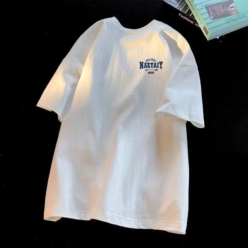8XL hombres de gran tamaño moda suelta americana Vintage letra NAET estampado manga corta cuello redondo versátil tendencia pareja traje - Imagen 4