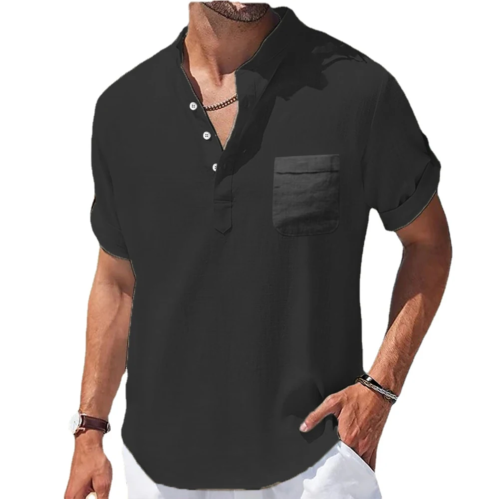 Nueva camisa informal de lino de manga corta de Color sólido con cuello levantado para hombre, Top básico holgado y transpirable a la moda con bolsillo para jóvenes - Imagen 5