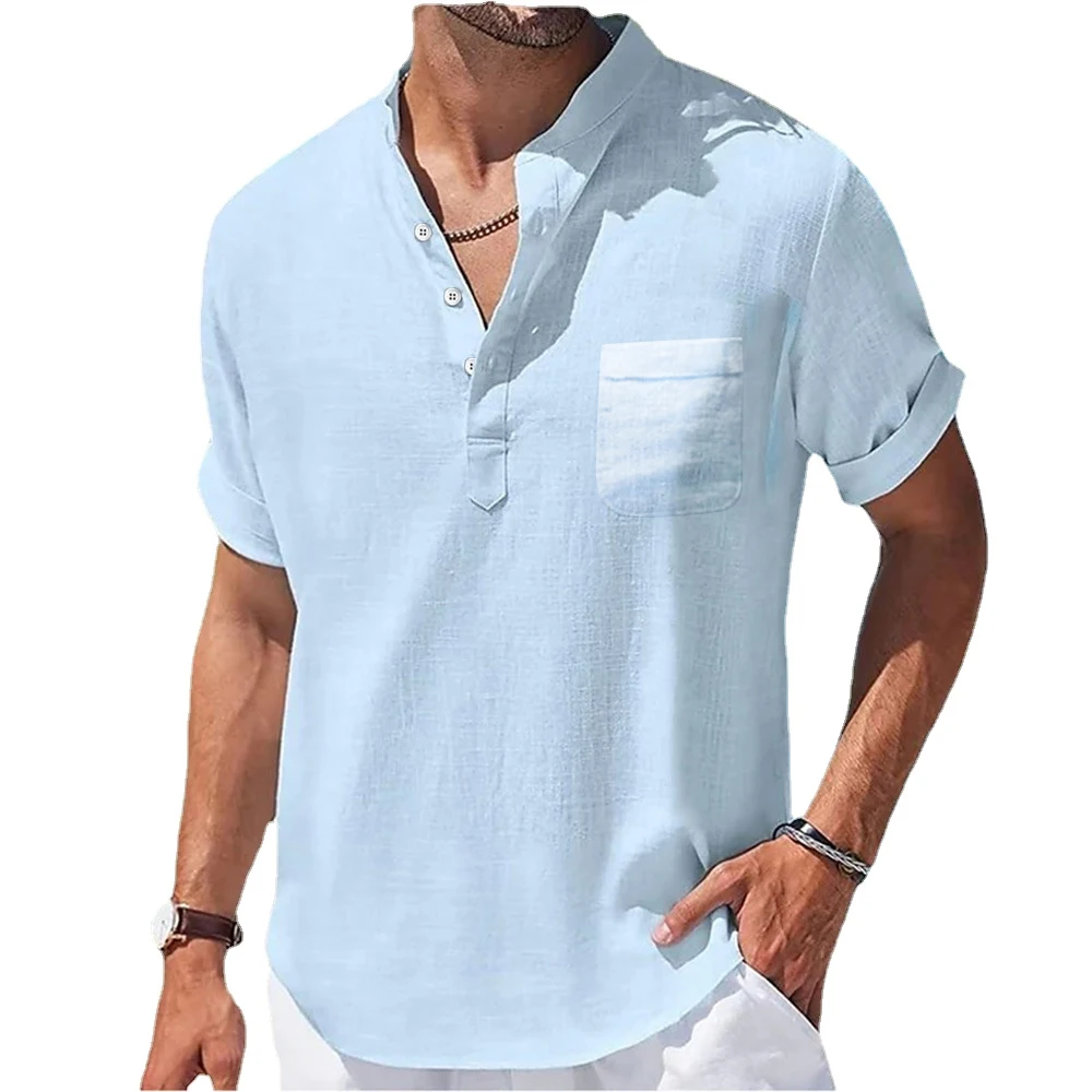 Nueva camisa informal de lino de manga corta de Color sólido con cuello levantado para hombre, Top básico holgado y transpirable a la moda con bolsillo para jóvenes - Imagen 4