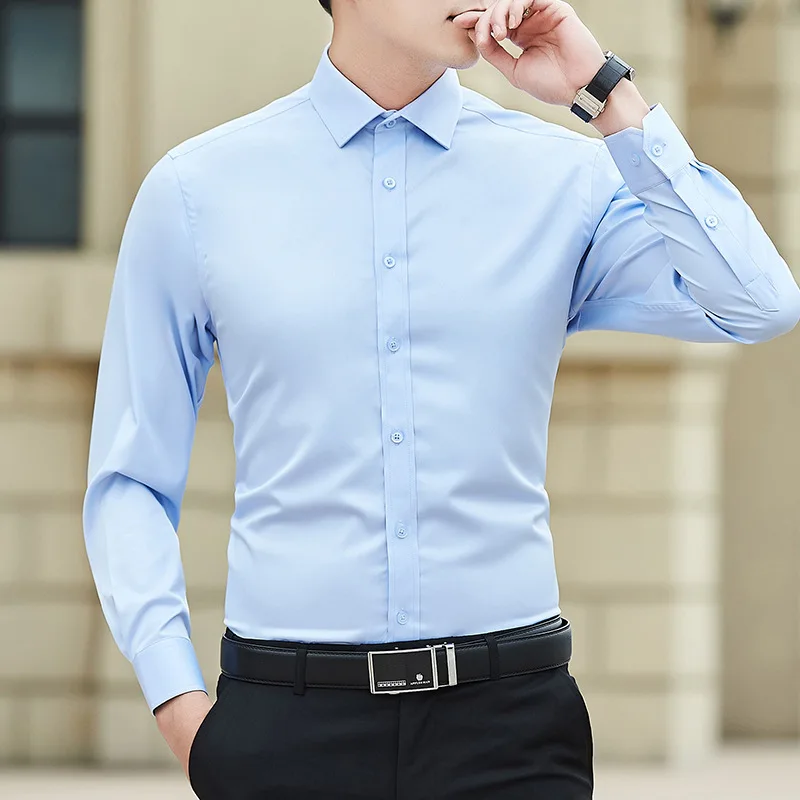 Nueva camisa de negocios de Color sólido de talla grande para hombre, camisa de manga larga blanca ajustada informal básica clásica a la moda, ropa de marca - Imagen 4