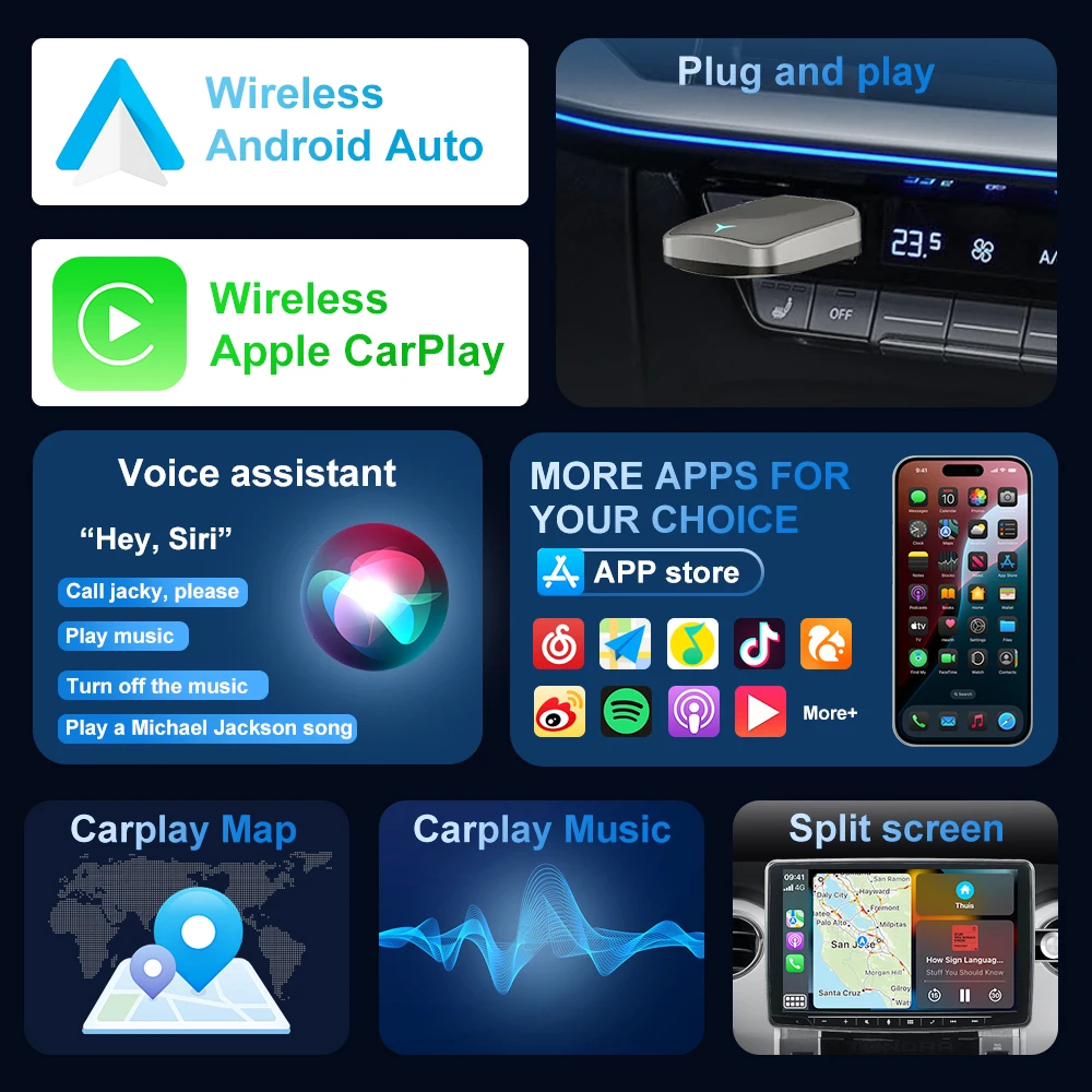 Adaptador Inalámbrico CarPlay 2 en 1, Dongle de Cableado a Inalámbrico para Apple y Android Auto, Plug and Play, Accesorio Universal para Auto - Imagen 5