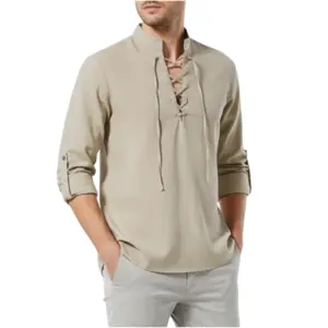 Camisa renacentista para hombre, top vikingo Medieval pirata, camisas de lino y algodón, disfraz de Halloween de manga larga para hombre