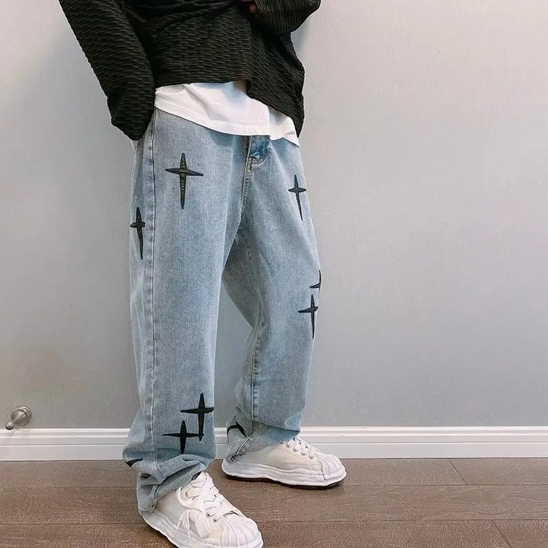 Pantalones vaqueros estampados para hombre, ropa nueva, pantalones vaqueros holgados de pierna ancha, moda coreana, drapeados, rectos, informales, sueltos, Cargo, 2023 - Imagen 2
