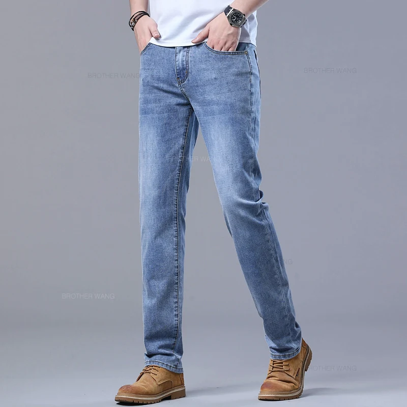 Pantalones vaqueros ajustados azul claro de primavera para hombre, pantalones vaqueros de tela elástica informales con estilo, pantalones clásicos gris humo - Imagen 4