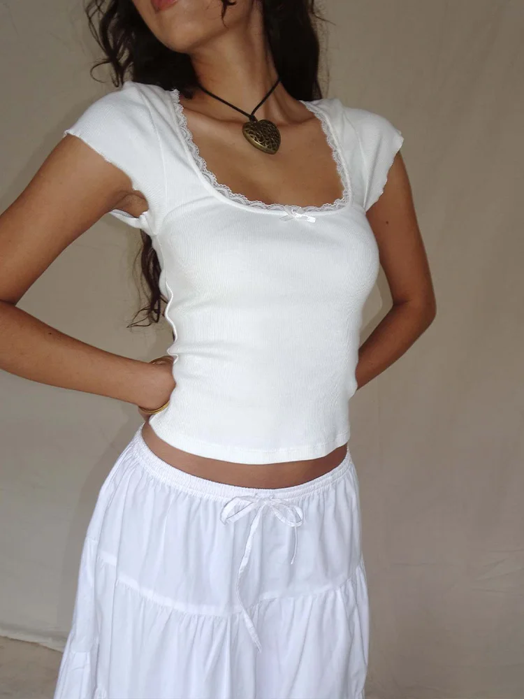 Camiseta Vintage y2k para bebé, camiseta de punto con ribete de encaje de cabaña, camiseta de manga corta con cuello cuadrado de verano para mujer, Top corto blanco de la lechera