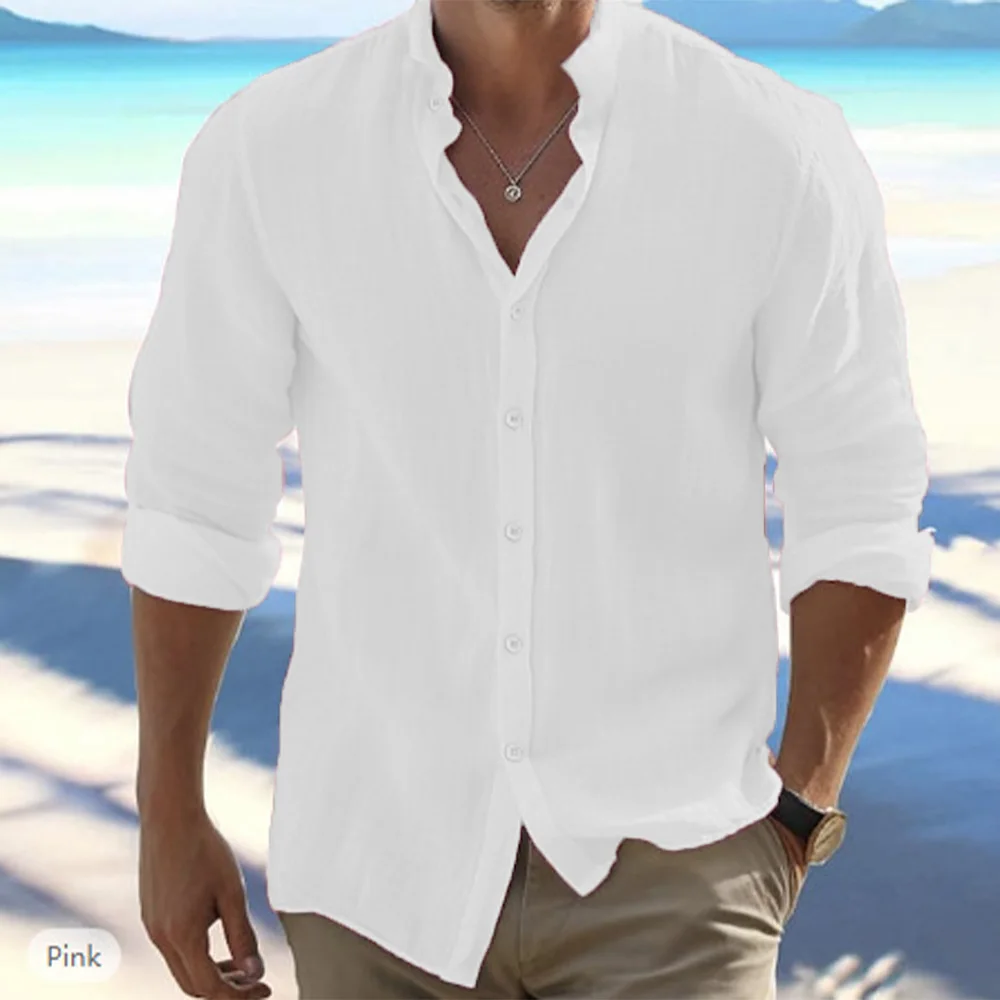 Camisas de manga larga para hombre, gran oferta de lino y algodón, Color sólido, cuello levantado, estilo informal de playa de talla grande, verano - Imagen 3