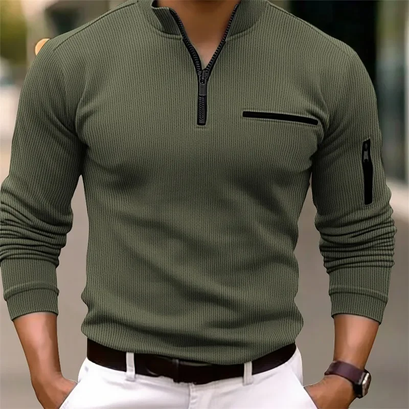 Nueva Camisa Polo de Manga Larga para Hombre, Estilo Retro Deportivo, Casual, de Lujo Ligero, con Cierre de Cremallera y Rayas, para Actividades al Aire Libre