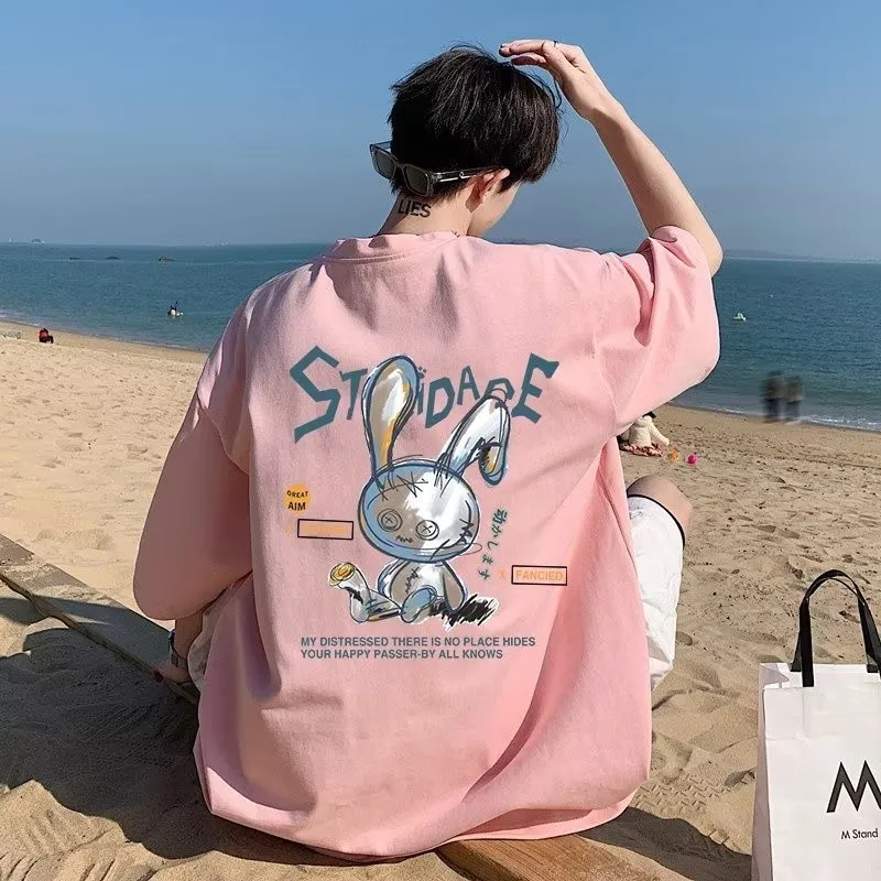 8XL hombres de gran tamaño moda coreana suelta americana marioneta de amor estampado de conejo manga corta cuello redondo versátil tendencia pareja traje - Imagen 4