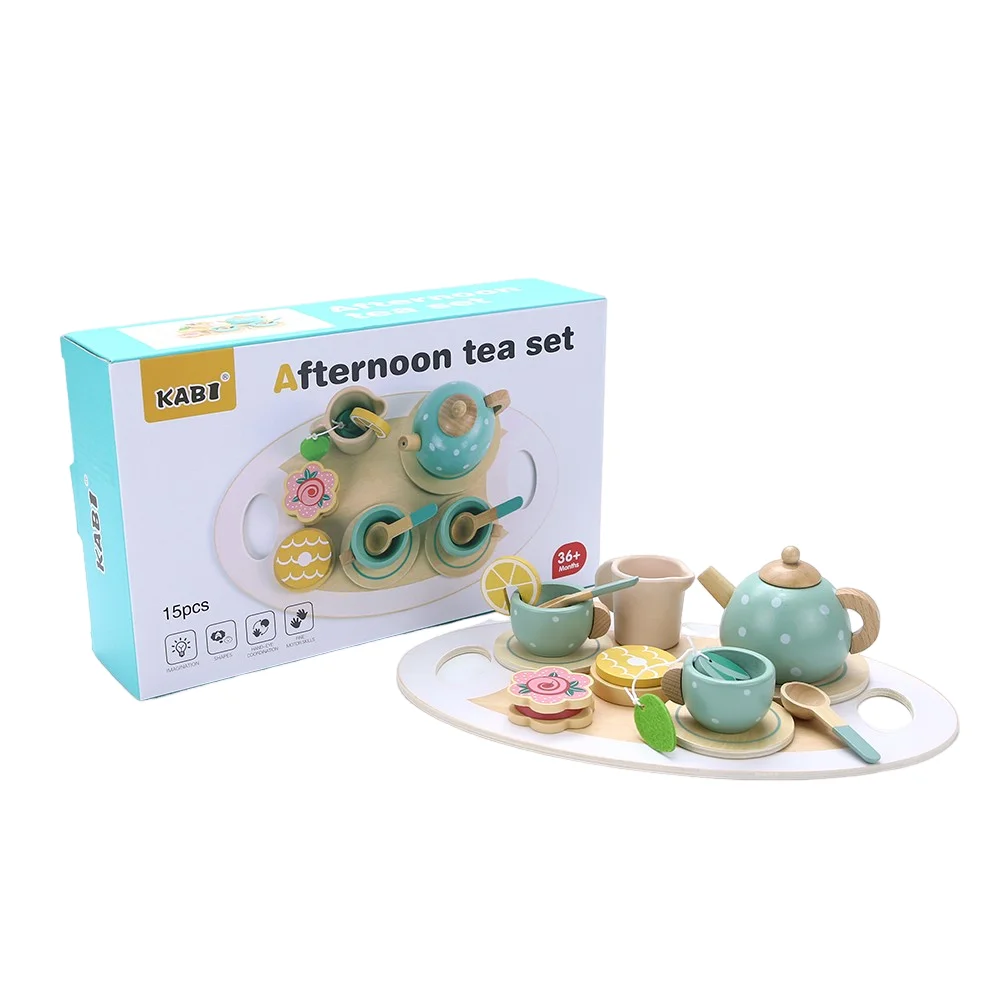 Juego de té de la tarde de simulación de madera para niños, juguete para juego de imitación, juego de rol de aprendizaje de comida, juguetes educativos para edades tempranas para niños pequeños G - Imagen 2
