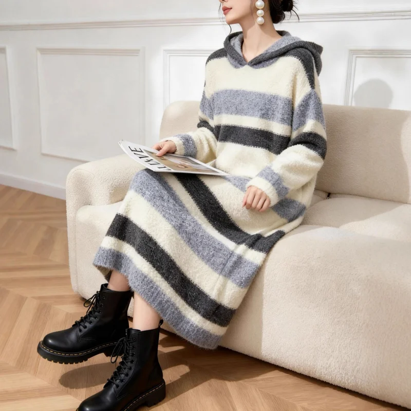 Vestido de Mujer Casual con Capucha y Rayas, Estilo Nuevo Primavera-Otoño 2026, Cálido y Holgado - Imagen 2