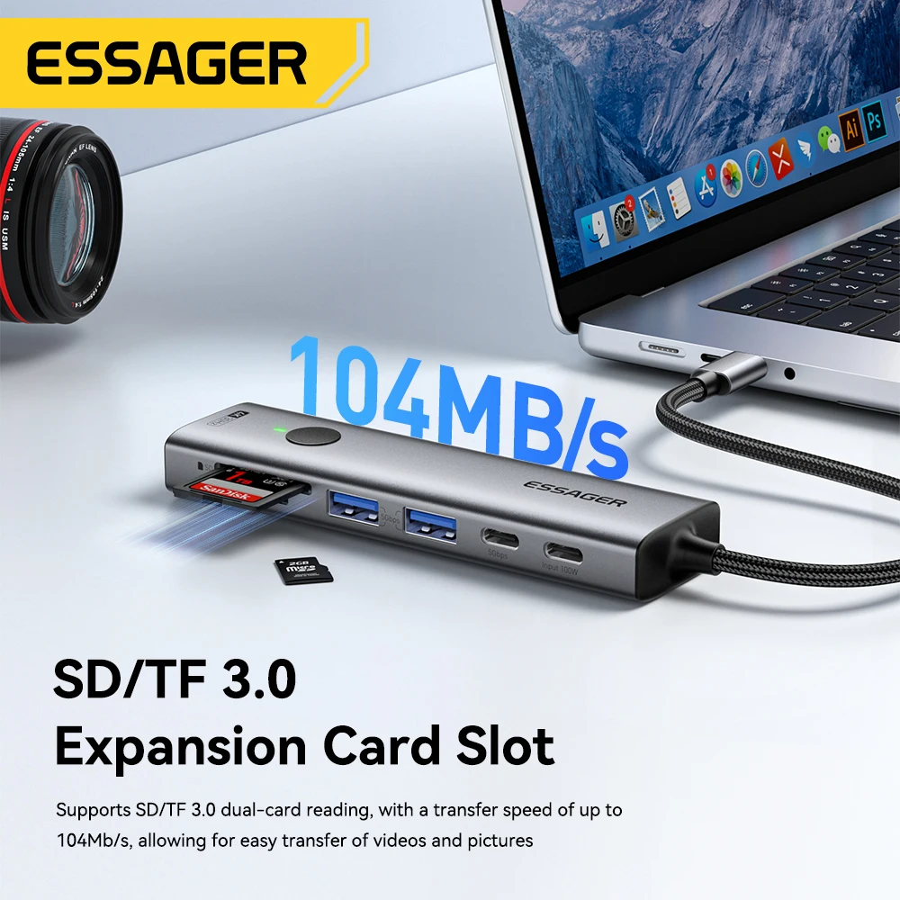 Essager USB C HUB 4K 7-en-1 tipo C a HDMI PD 100W SD y TF USB 3,0 5Gbps adaptador multipuerto para MacBook portátil iPad teléfono divisor - Imagen 3